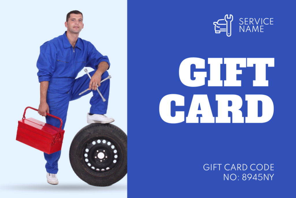 Car Service Ad with Worker and Tire Gift Certificate Tasarım Şablonu