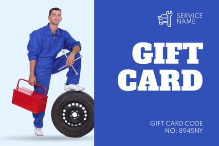 Car Service Ad with Worker and Tire Gift Certificate Design Template