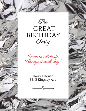 Birthday Party Invitation Silver Foil Flyer 8.5x11in Design Template