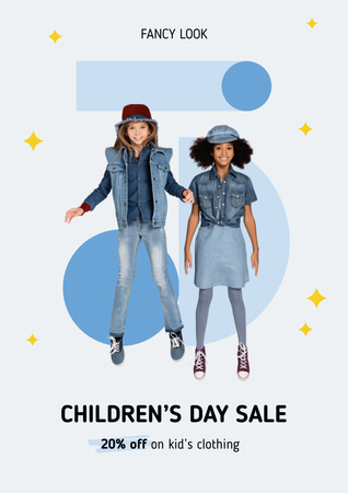Children Clothing Sale with Cute Girls Poster A3 Design Template