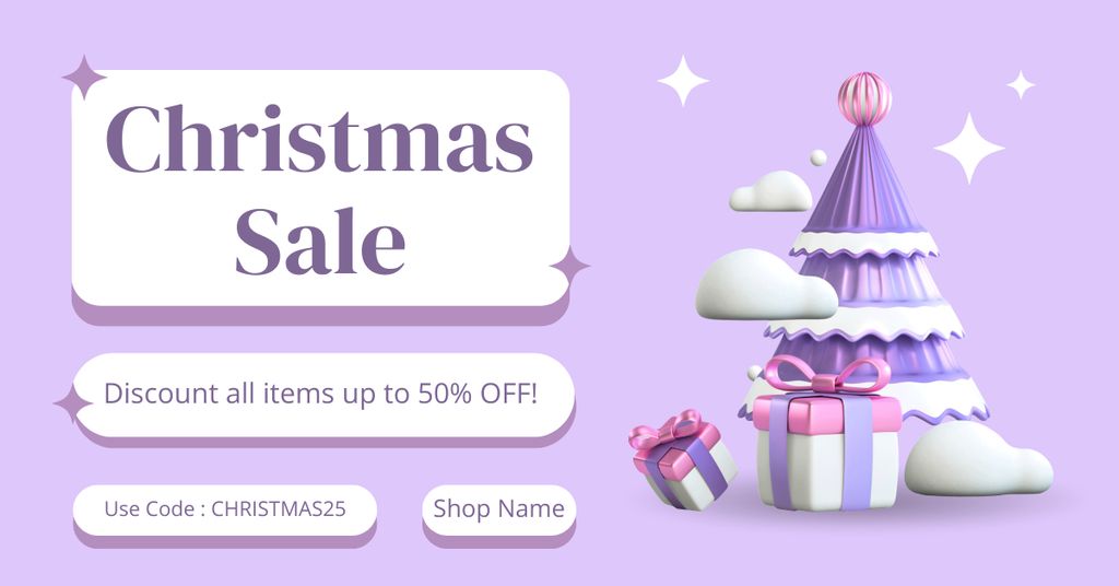 Christmas Sale Announcement with Holiday Gifts on Purple Facebook ADデザインテンプレート