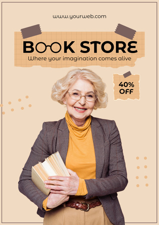 Bookstore Ad with Woman holding Books Poster Tasarım Şablonu