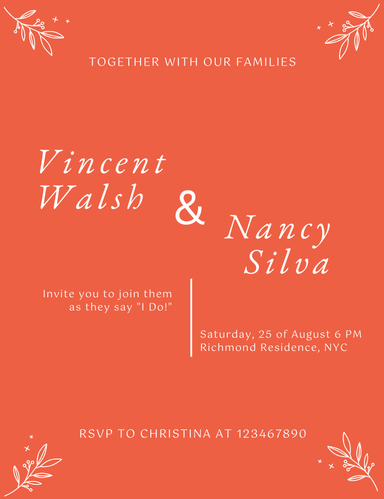 Wedding Card Layout with Text on Orange Invitation 13.9x10.7cm Design Template