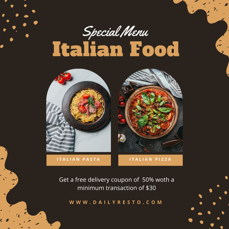 Italian Food Menu with Pasta and Pizza Instagram Design Template