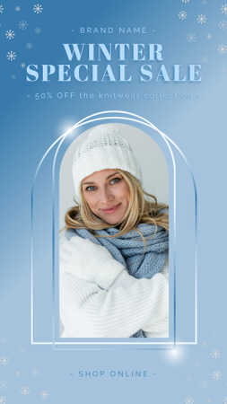 Winter Special Sale Announcement with Attractive Blonde Woman in White Cap Instagram Story Design Template