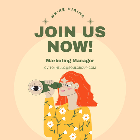 Job Advertisement with Redhead Woman with Spyglass Instagram Design Template