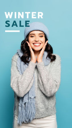 Winter Sale Announcement with Girl in Warm Clothes Instagram Story tervezősablon