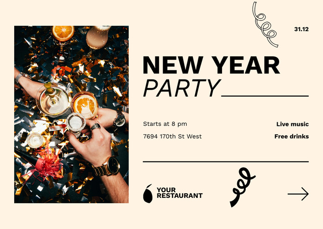 Champagne on New Year Party Flyer A6 Horizontal Design Template