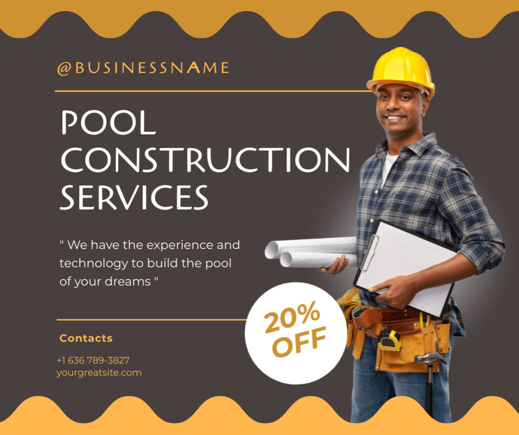 Pool Construction Offer with Young Engineer Facebook tervezősablon