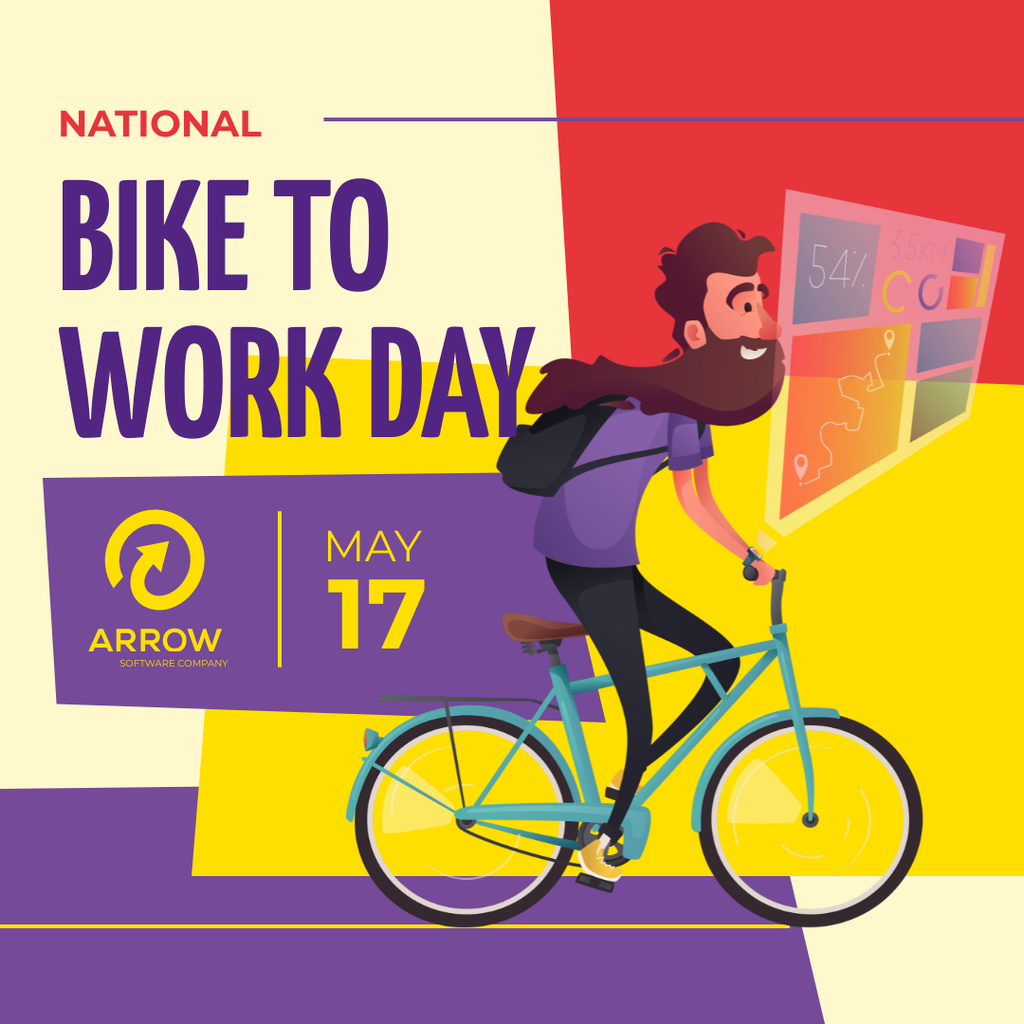 Bike to Work Day Smiling Man Cycling Instagram Šablona návrhu