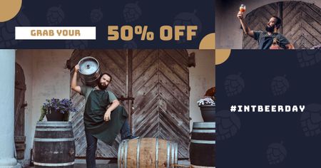 Beer Day Offer with Brewer holding Barrels Facebook AD Design Template
