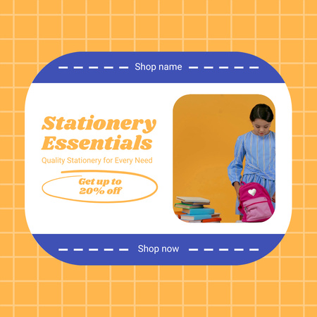 Stationery Essentials Ad with Student Girl with Backpack Animated Post Design Template