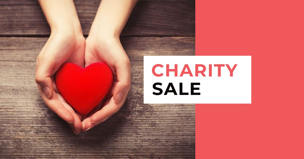 Charity Sale Announcement with Red Heart in Hands Facebook AD Modelo de Design