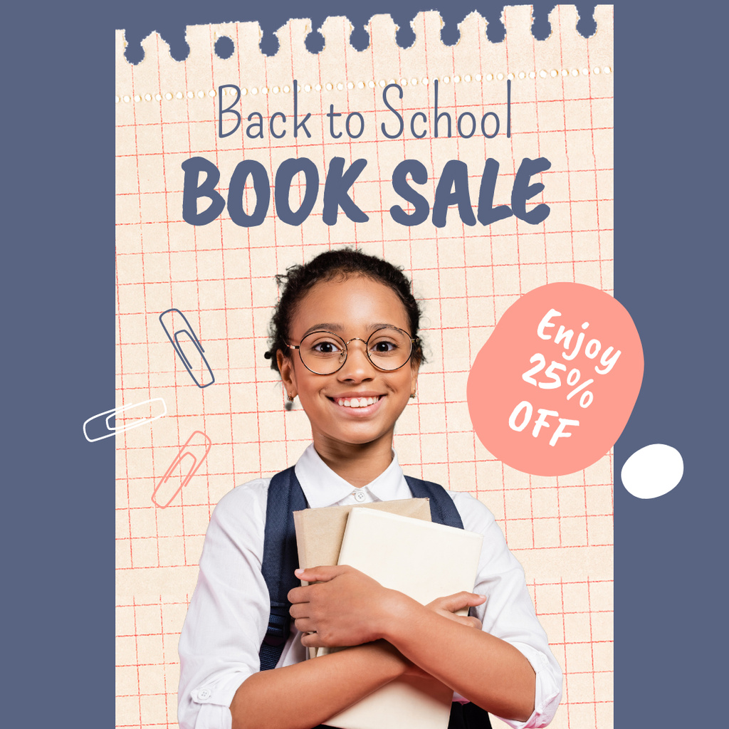 Designvorlage Discount on Books with Cute Schoolgirl in Glasses für Instagram