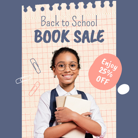 Designvorlage Rabatt auf Bücher mit süßem Schulmädchen mit Brille für Instagram