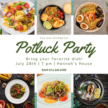 Ontwerpsjabloon van Instagram van Potluck uitnodiging voor feest met verschillende gerechten op blauw
