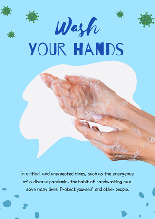 Blue composition with hands in soap,viruses and text Poster Design Template