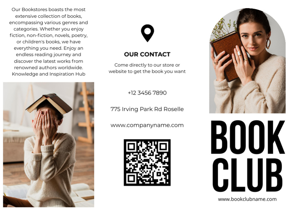 Readers Club Ad with Beautiful Woman holding Book Brochure Tasarım Şablonu