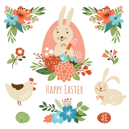 Template di design Coniglietto di Pasqua del fumetto con pollo e fiori Animated Post