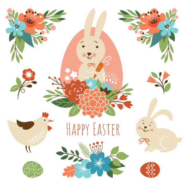 Modèle de visuel Cartoon Easter bunny with chicken and flowers - Animated Post