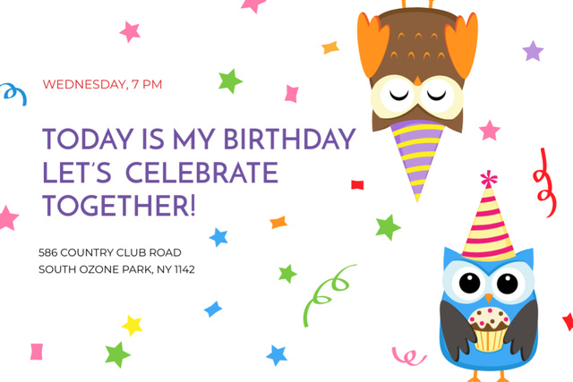 Ontwerpsjabloon van Gift Certificate van Birthday Invitation with Party Owls