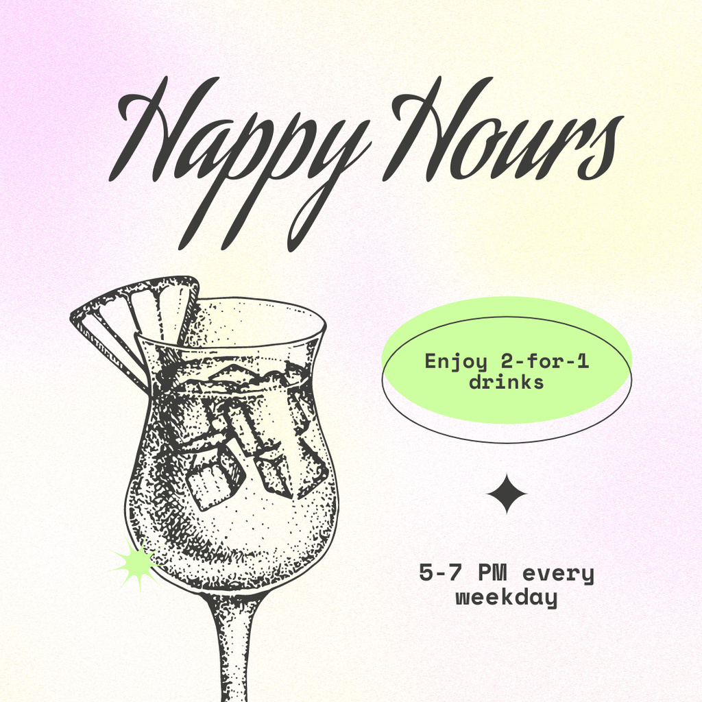 Announcement of Happy Hours for All Cocktails and Drinks in Bar Instagram ADデザインテンプレート