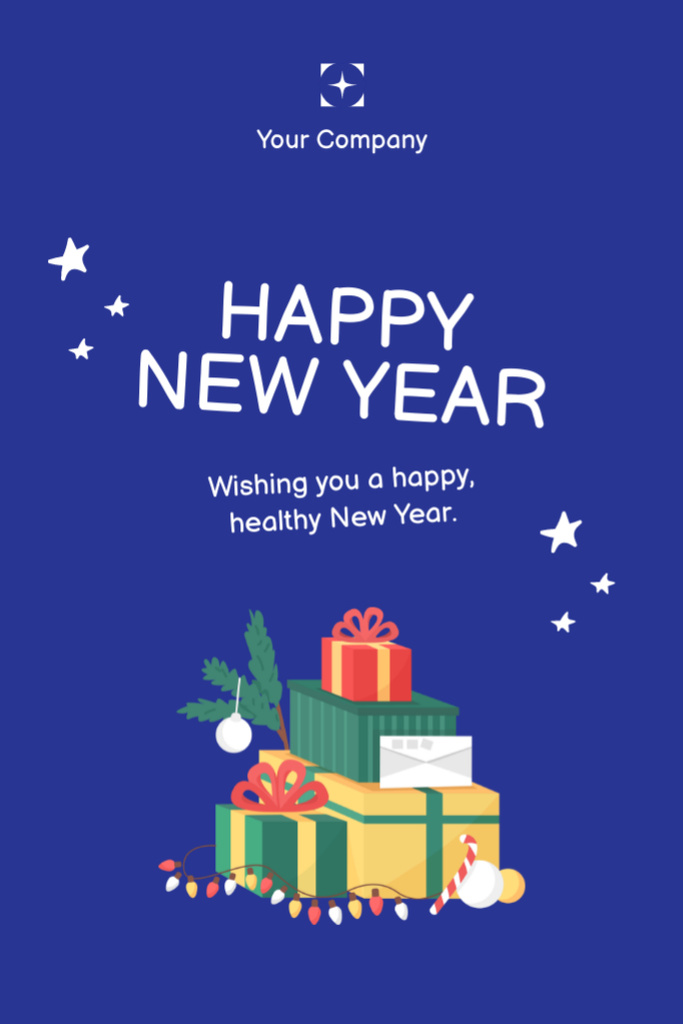 New Year Wishes with Colorful Presents and Garland in Blue Postcard 4x6in Vertical Modelo de Design