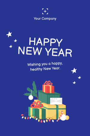 New Year Wishes with Colorful Presents and Garland in Blue Postcard 4x6in Vertical Design Template
