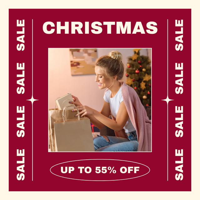 Christmas Sale Announcement with Young Blonde Woman Instagram Design Template