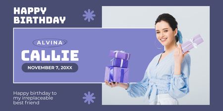 Beautiful Birthday Girl with Gift Boxes on her Birthday Twitter Design Template