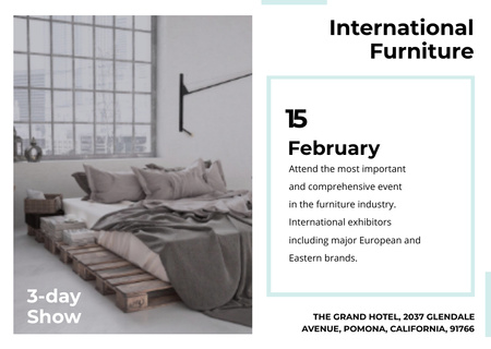 Furniture Show with Bedroom in Grey Color Postcard Design Template