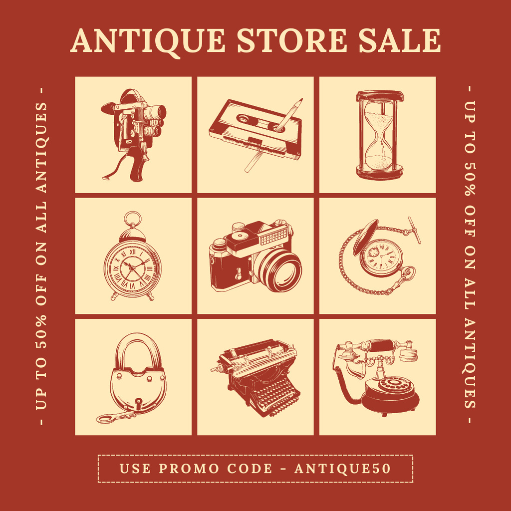 Plantilla de diseño de Rare Items In Antiques Store With Discounts And Promo Codes Instagram AD 