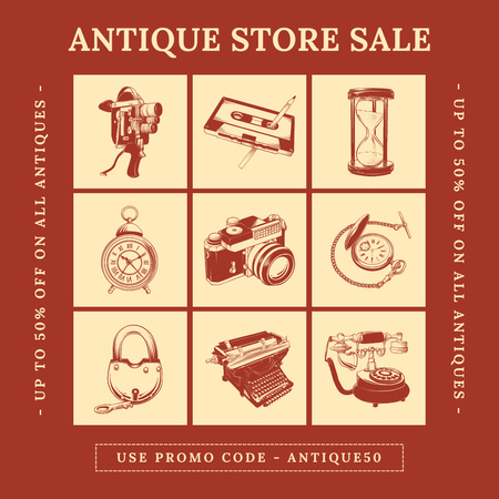 Designvorlage Seltene Artikel im Antiquitätengeschäft mit Rabatten und Promo-Codes für Instagram AD