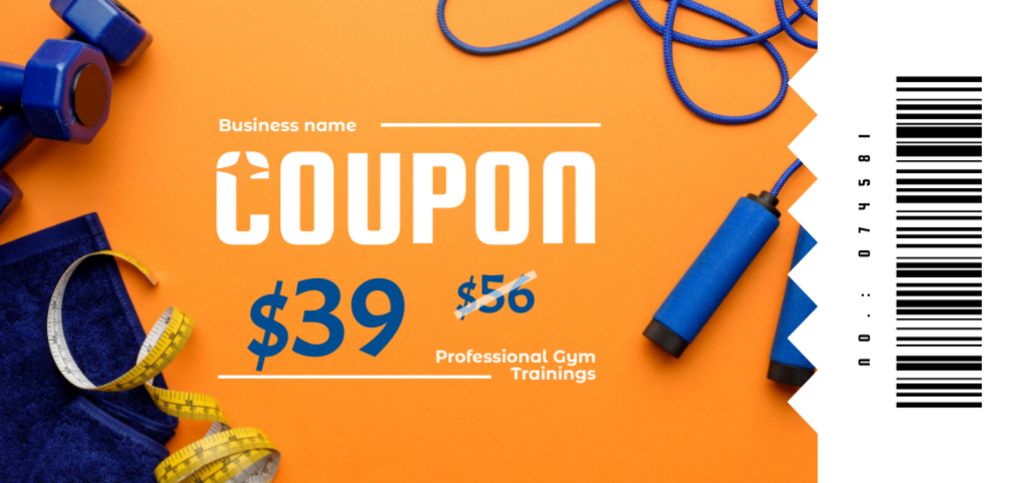 Template di design Professional Gym Trainings Ad with Sport Equipment Voucher Coupon Din Large