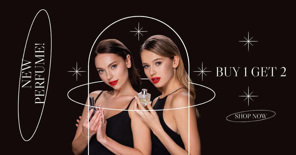 Ontwerpsjabloon van Facebook AD van Women in Black Dresses with Bottles of Perfume