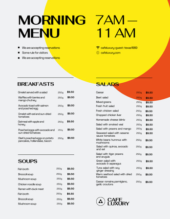 Breakfast Menu Announcement on White Menu 8.5x11in Design Template