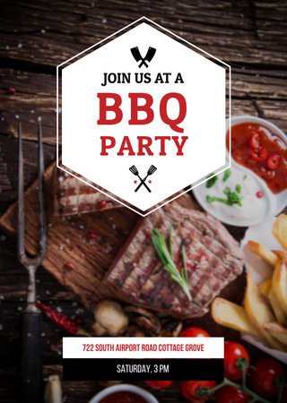 BBQ Party with Grilled Steak And Tomatoes Postcard A6 Vertical Design Template