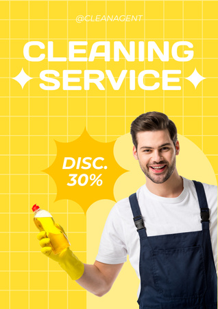 Cleaning Service Ads with Man in Uniform Poster Design Template