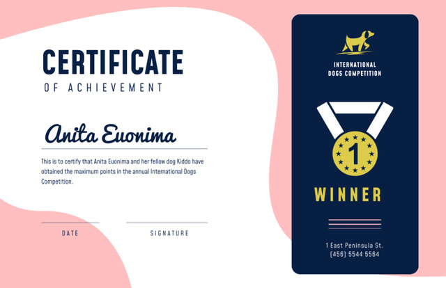 Dog Competition Achievement in Pink Certificate 5.5x8.5in Design Template
