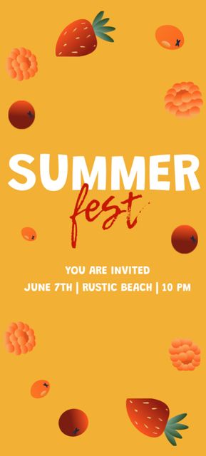 Summer Festival Announcement with Berries Illustration on Yellow Invitation 9.5x21cm Modelo de Design
