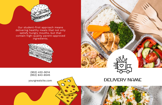 Flavorful School Food Ad with Lunch Boxes And Delivery Brochure 11x17in Bi-fold Modelo de Design