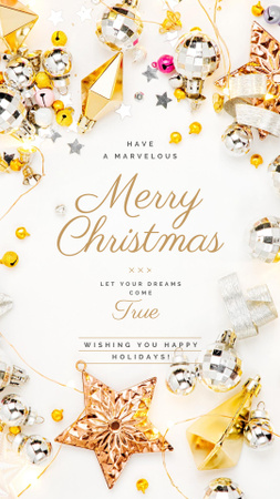 Designvorlage Weihnachtsgruß glänzende Dekorationen in Golden für Instagram Story