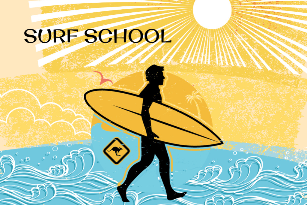 Ad of Surfing School with Man with Surfboard Postcard 4x6in Πρότυπο σχεδίασης