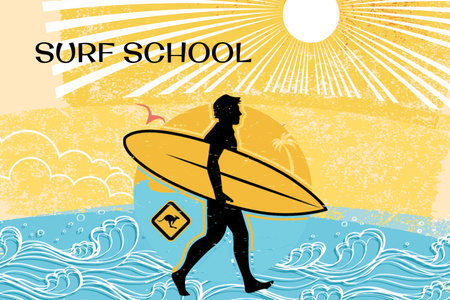 Platilla de diseño Ad of Surfing School with Man with Surfboard Postcard 4x6in