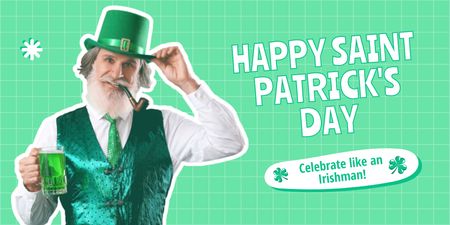 Patrick's Day Greeting with Bearded Man holding Beer Twitter Design Template