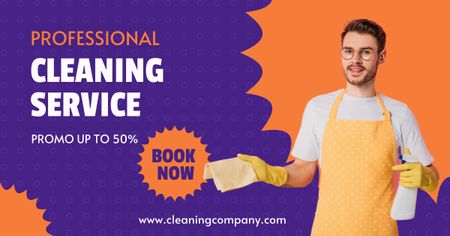Cleaning Service Offer with Man in Apron Facebook AD Design Template