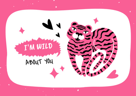 Love Phrase With Cute Pink Tiger Postcard A5 Design Template