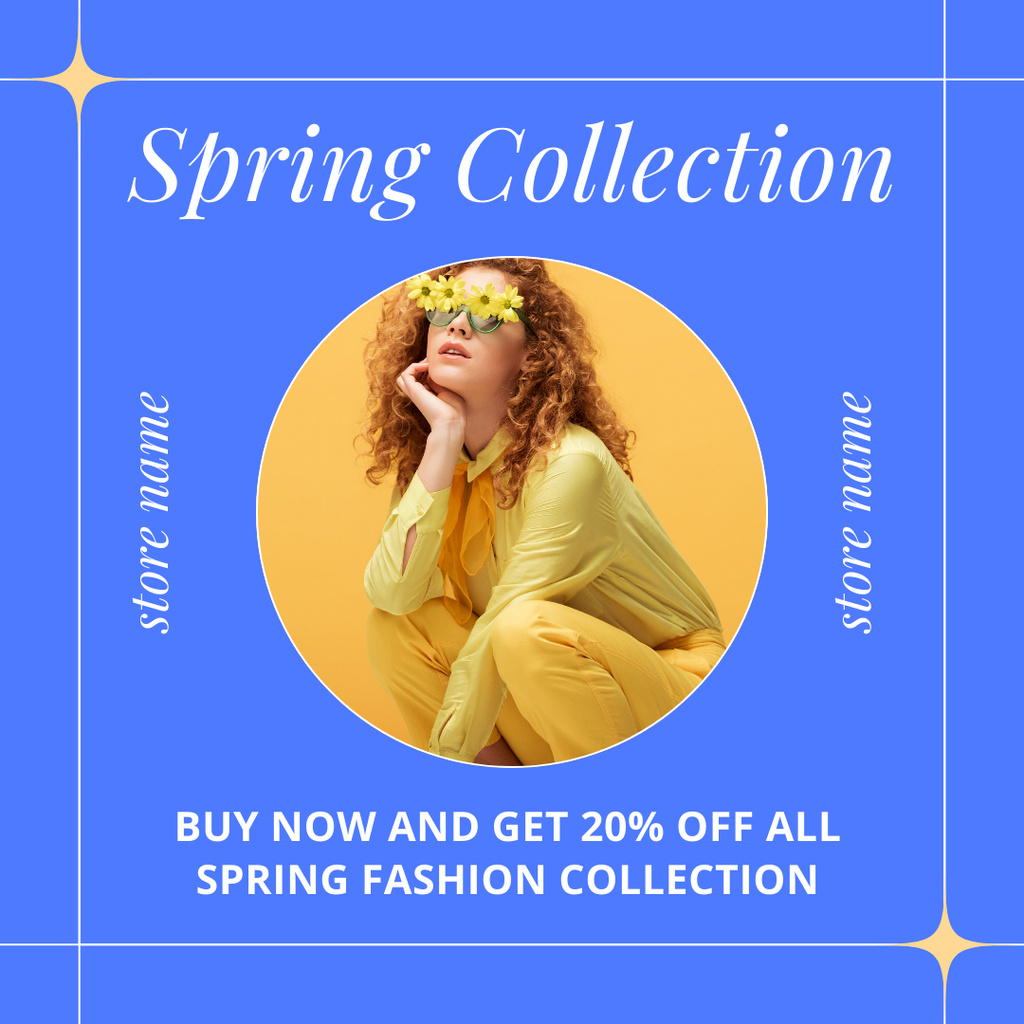 Spring Women's Collection Sale Announcement with Woman in Floral Sunglasses Instagram ADデザインテンプレート