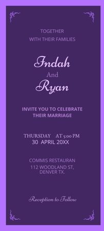Marriage Celebration Announcement on Elegant Purple Invitation 9.5x21cm Design Template