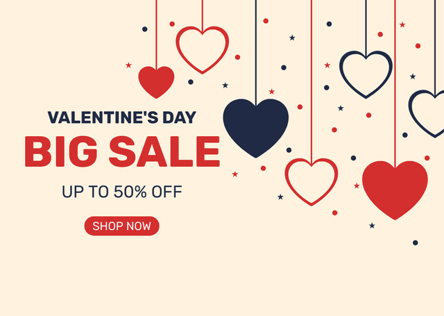 Valentine's Day Big Sale Announcement with Illustrated Colorful Hearts Card Design Template